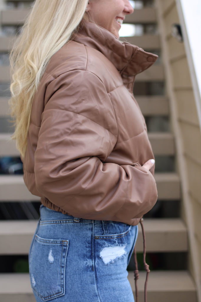 Pleather Puffer Jacket- Camel